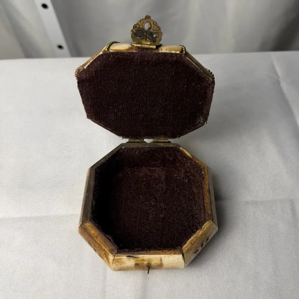 Vintage Camel Bone & Brass Trinket Box Octagonal India Green Cabochon
